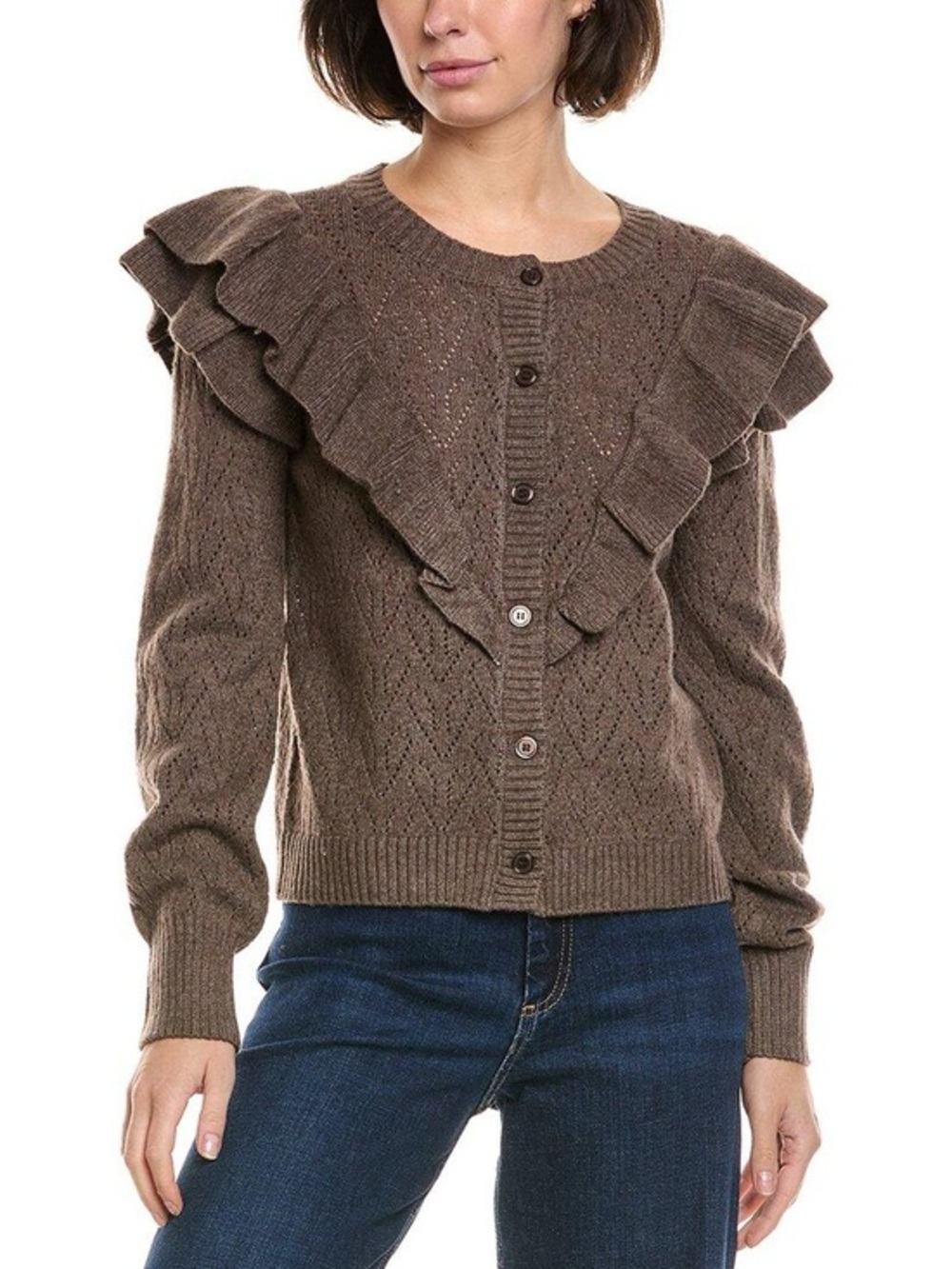 Bagatelle Collection NWT Brown Ruffled Button-Down Cardigan Size M Open Knit